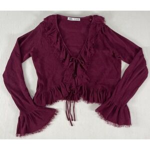 Zara Women's Linen Blend Sz S Burgundy Ruffle String Cardigan Top Long Sleeves